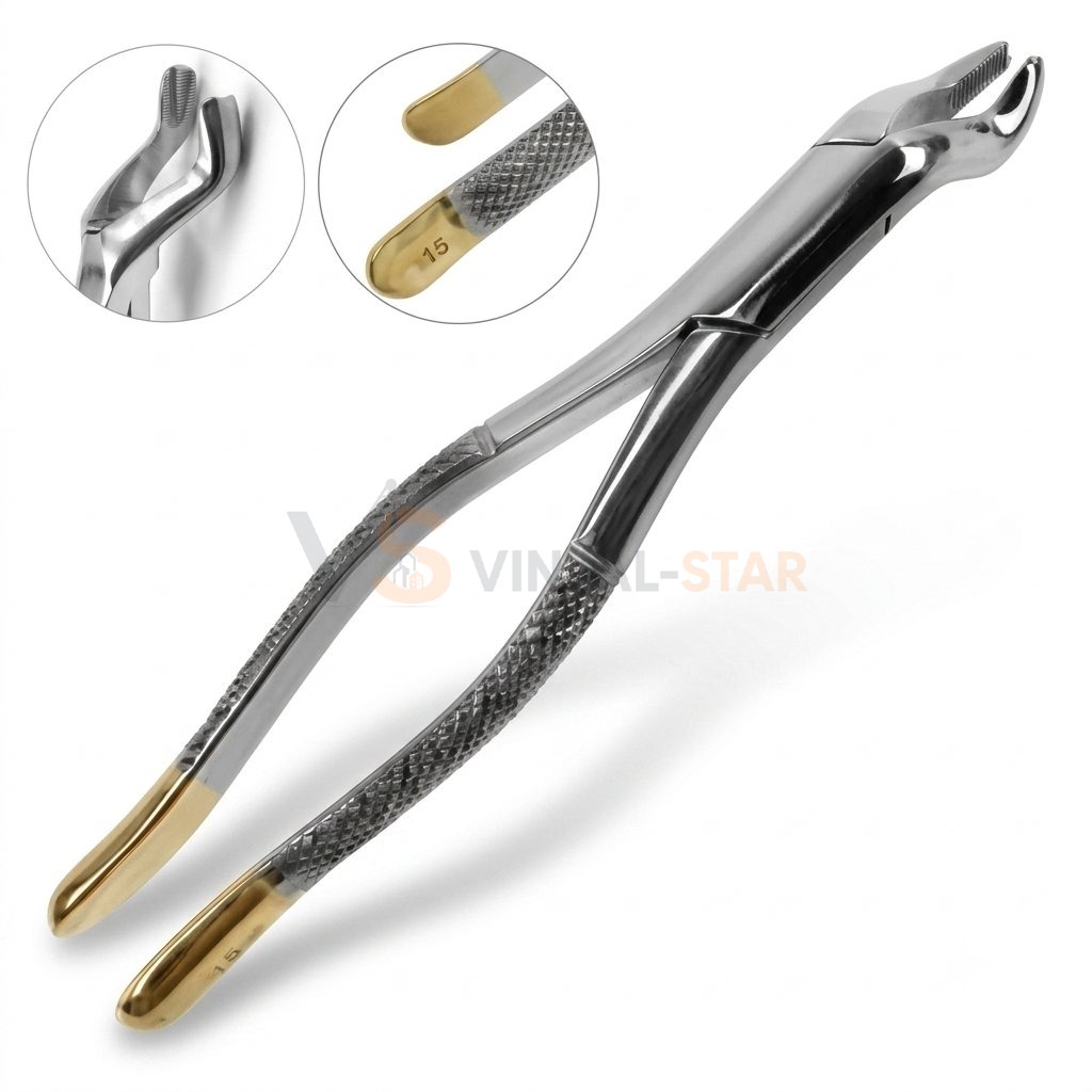 d5cad1716154f2ba7aa07cf7b62fcb34ef9563c1a2793d9f165ce47d0dbd6d96.jpg Extraction Forceps #15 | Upper Molars Gold Handle | VS Surgico - Image 1