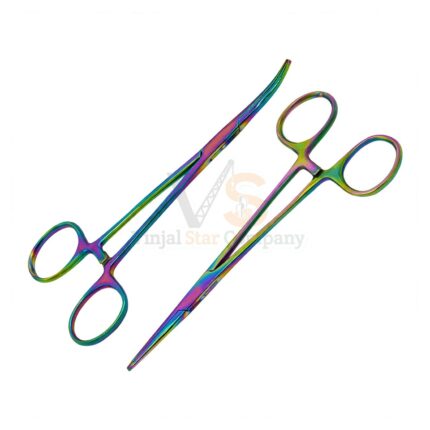 2 Multi Rainbow Color Kelly Forceps 14cm Straight Curved | VS Surgico